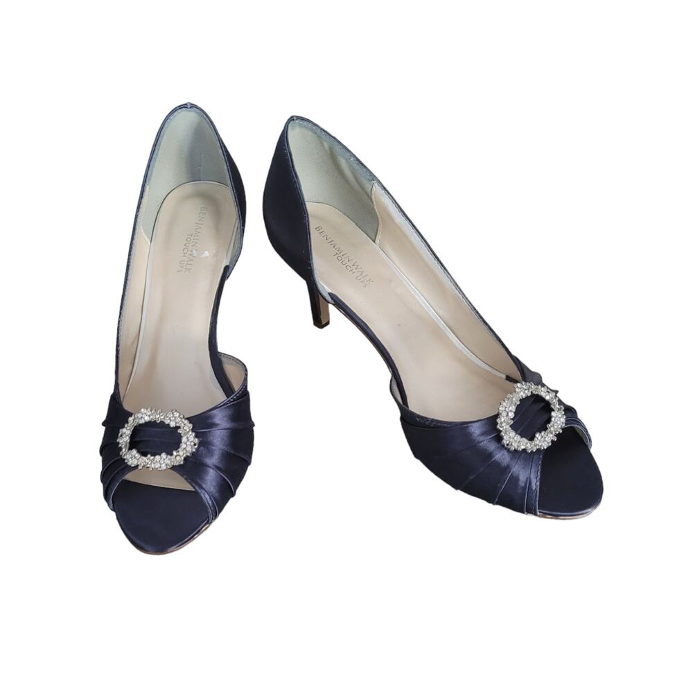Benjamin Walk Women's Peep Toe Blue Satin Dress Casual Heels w/ Rhinestone Sz 10